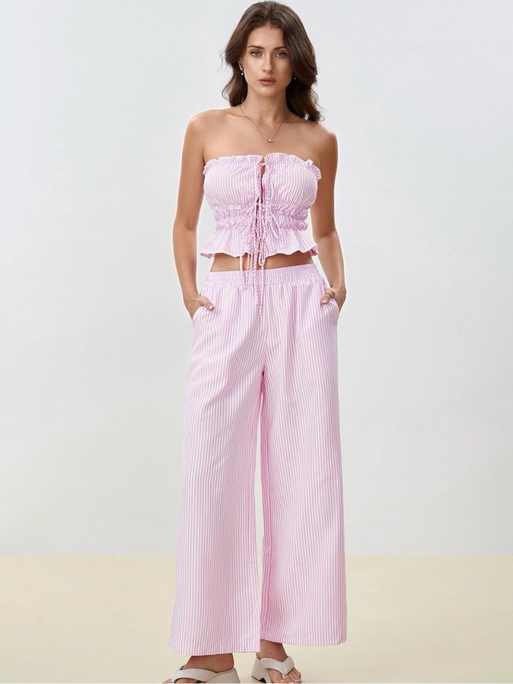 Amazon Pink Striped Wide Leg Pants Set